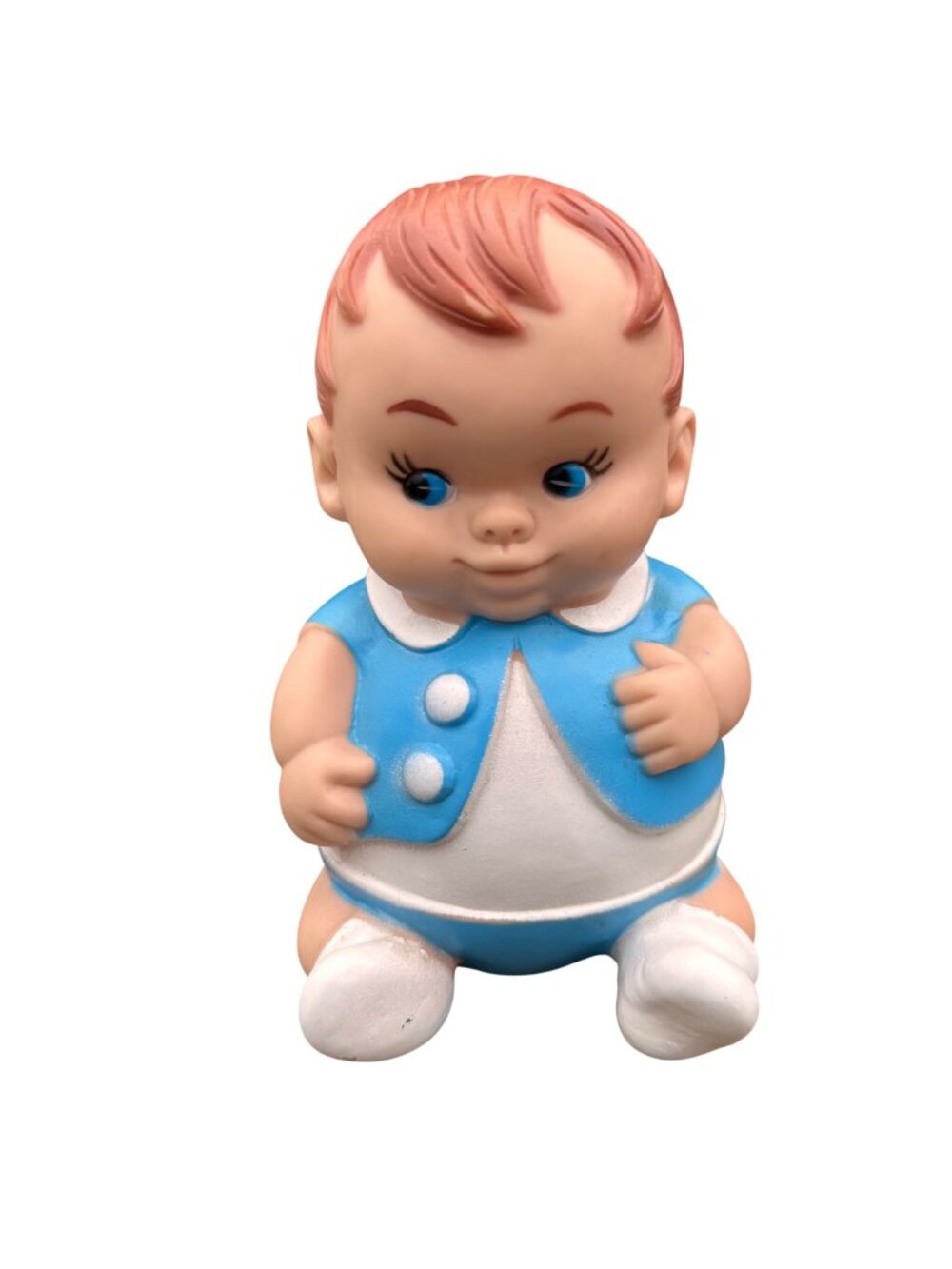 Uneeda Plum Pees Rubber Baby Boy Squeak Toy Doll 1968 Blue White Outfit Vtg 60s